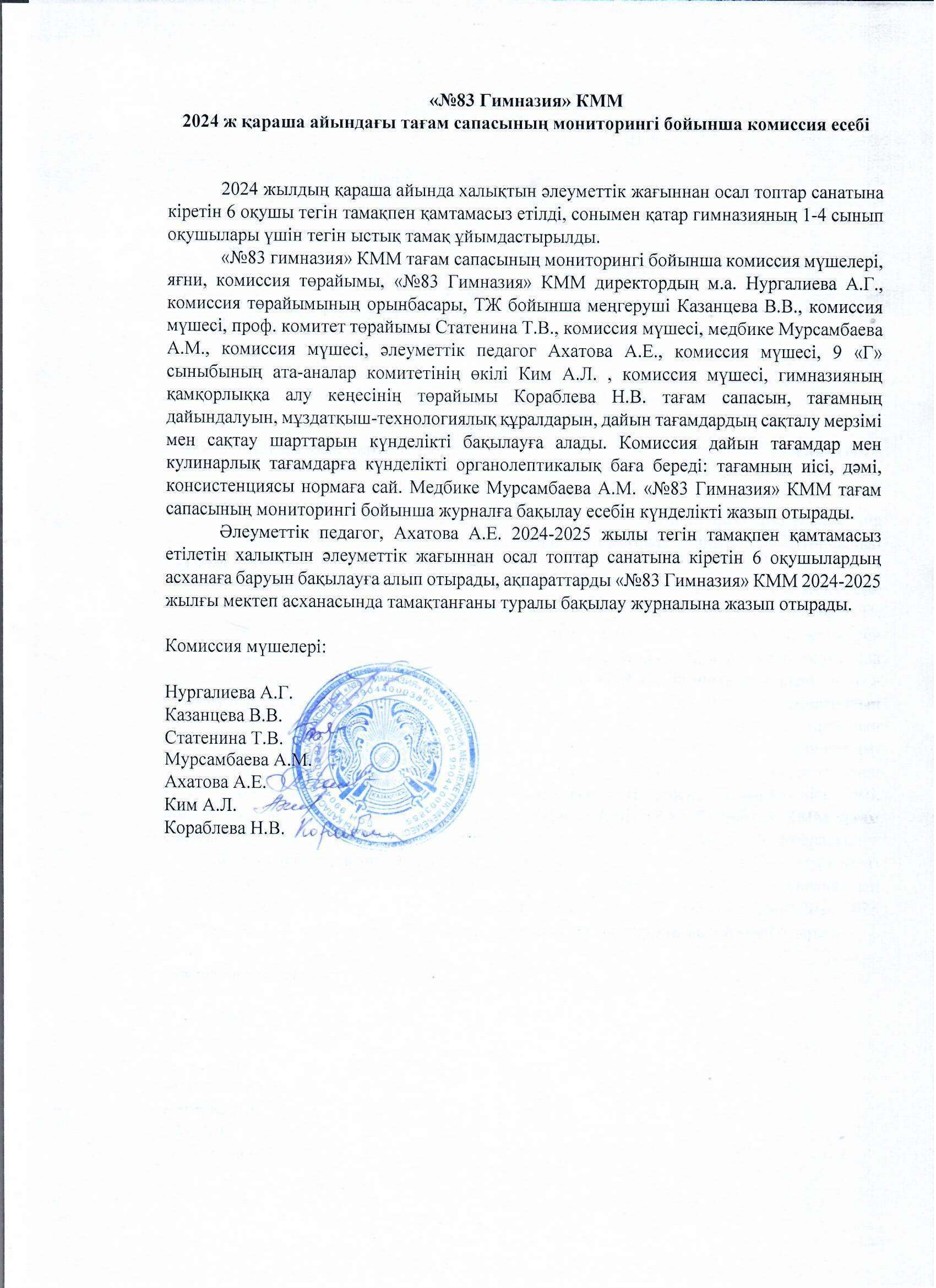 "83 Гимназия" КММ 2024 жылдың қараша айындағы тағам сапасының мониторингі бойынша комиссия есебі
