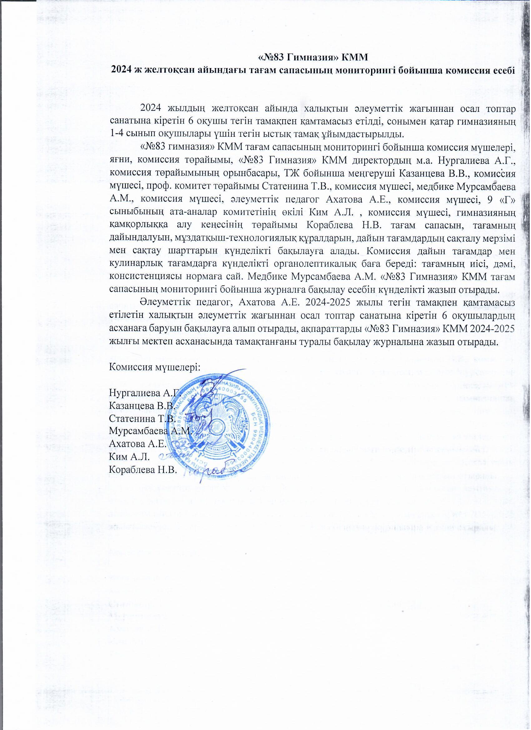 2024 жылғы желтоқсандағы "№83 Гимназия" КММ тамақтану сапасына мониторинг жүргізу жөніндегі комиссияның есебі