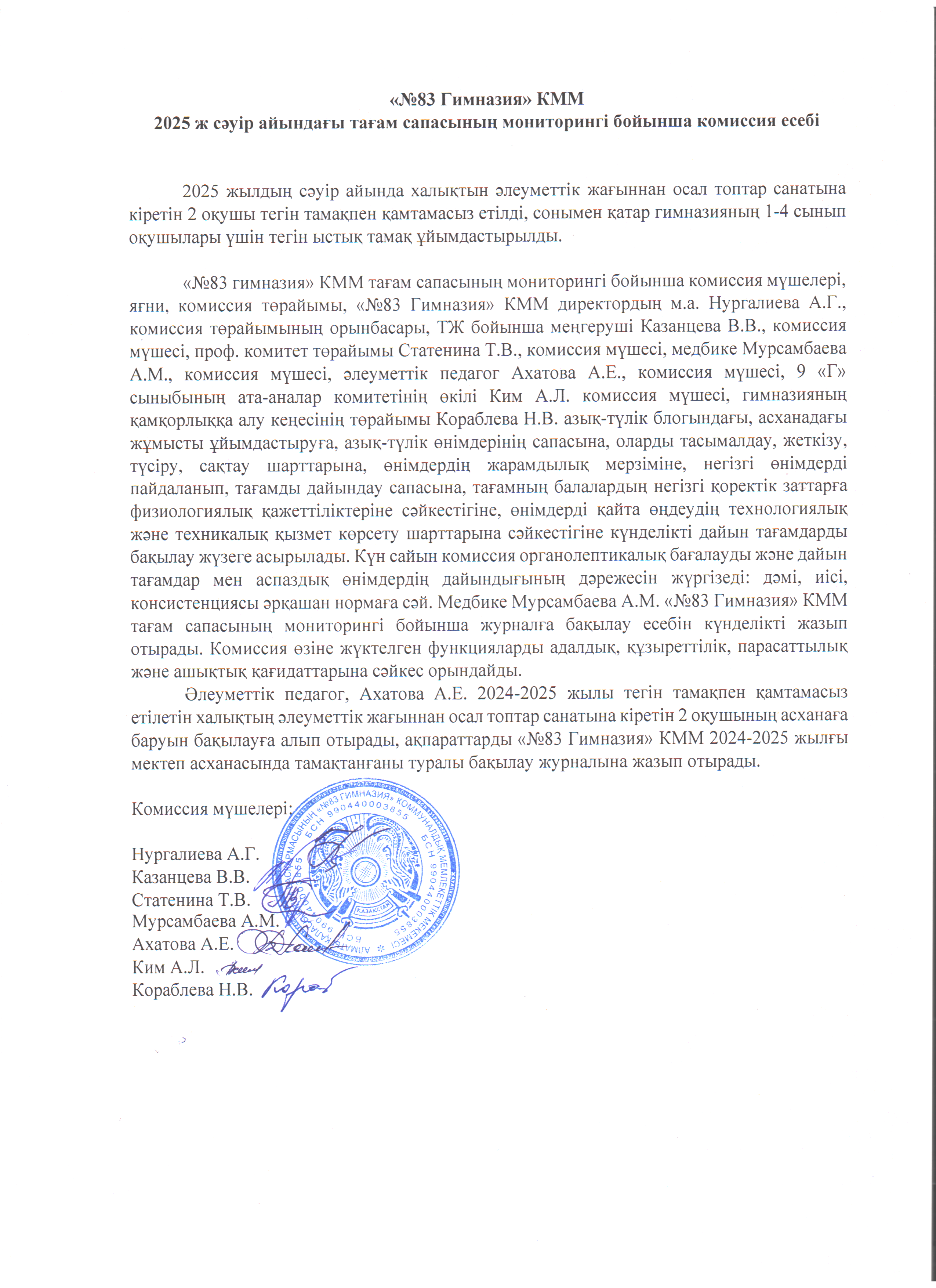 "83 Гимназия" КММ 2025 жылдың сәуір айындағы тағам сапасының мониторингі бойынша комиссия есебі