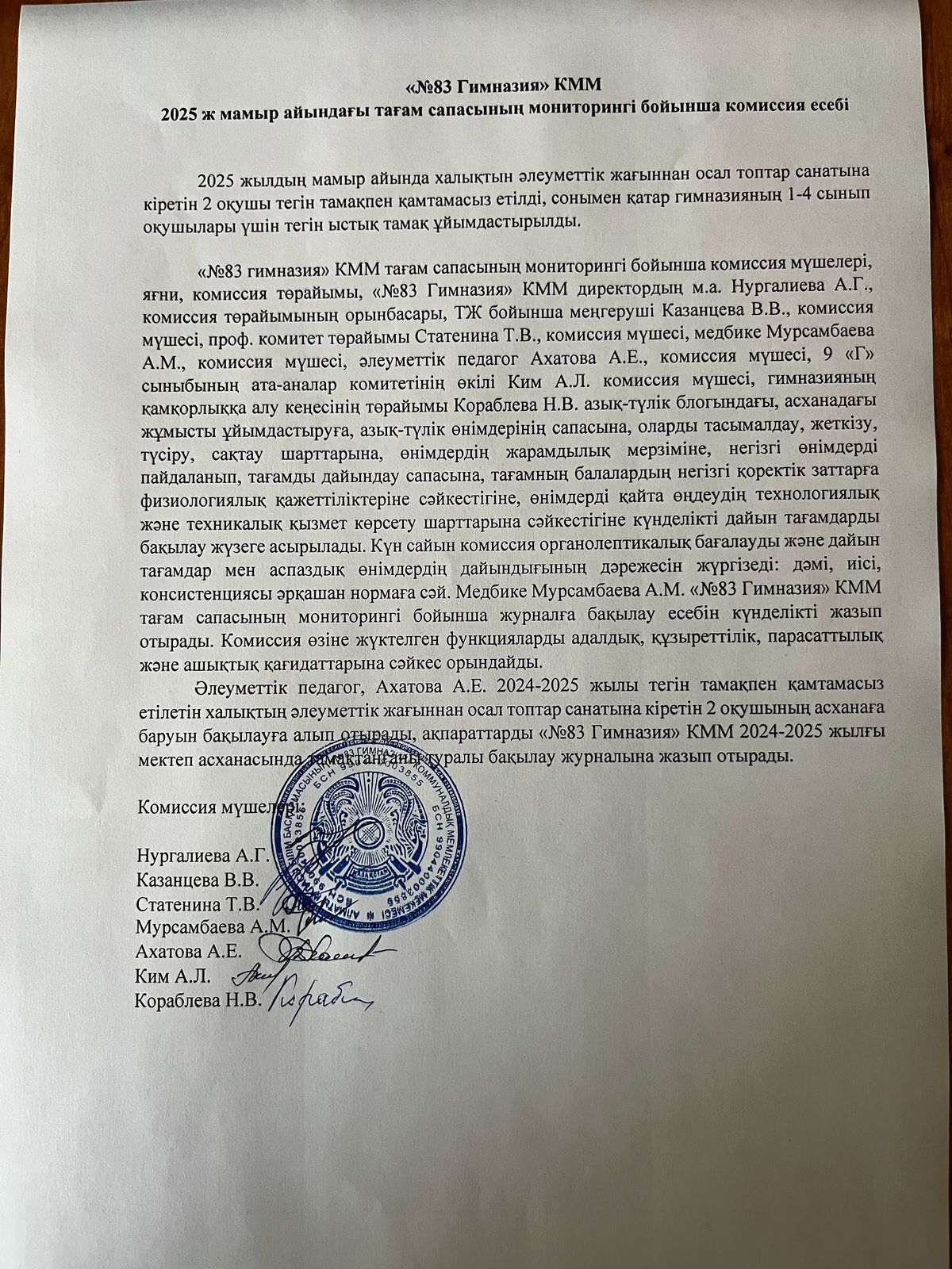 "83 Гимназия" КММ 2025 жылдың мамыр айындағы тағам сапасының мониторингі бойынша комиссия есебі